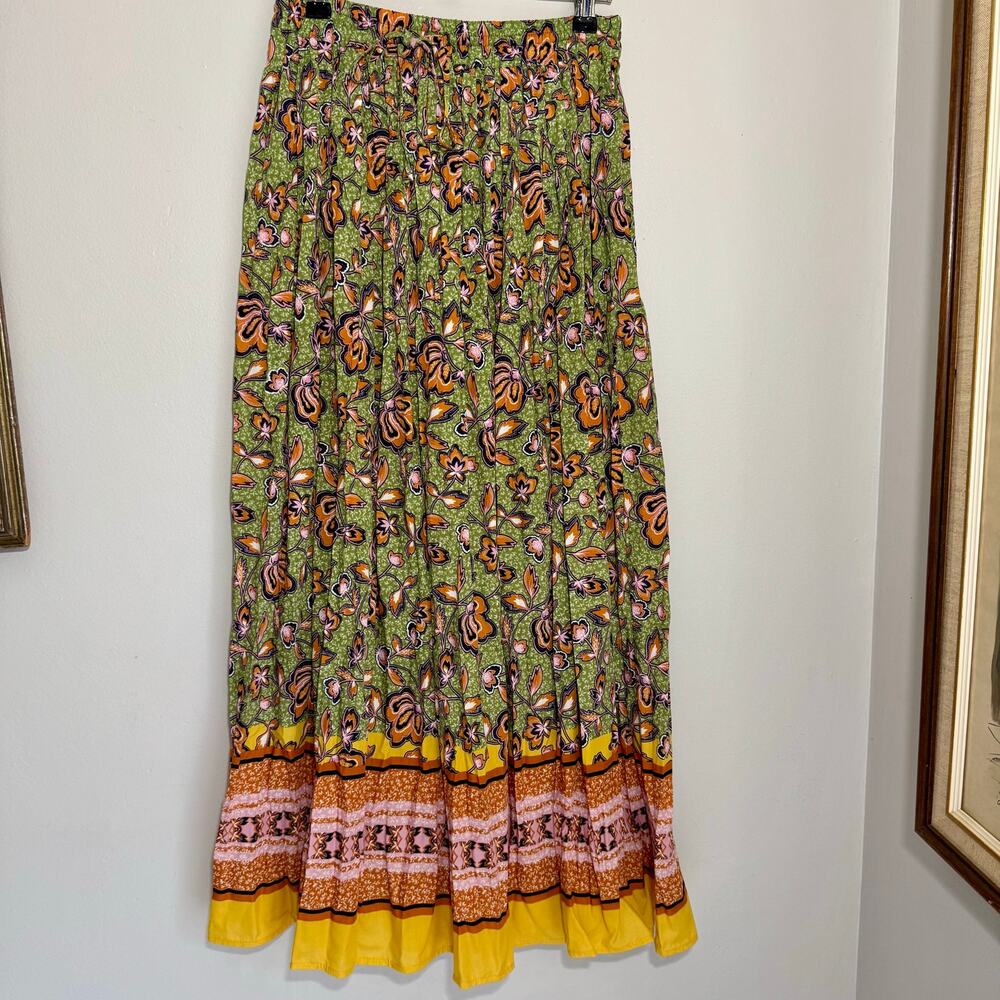 DR2 Floral Boho Maxi Skirt Green Orange Tiered Border Print XS